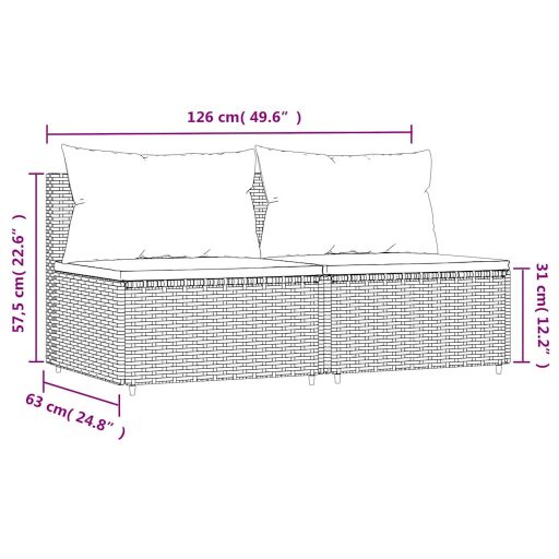 2 db szürke polyrattan kerti középső kanapé párnákkal