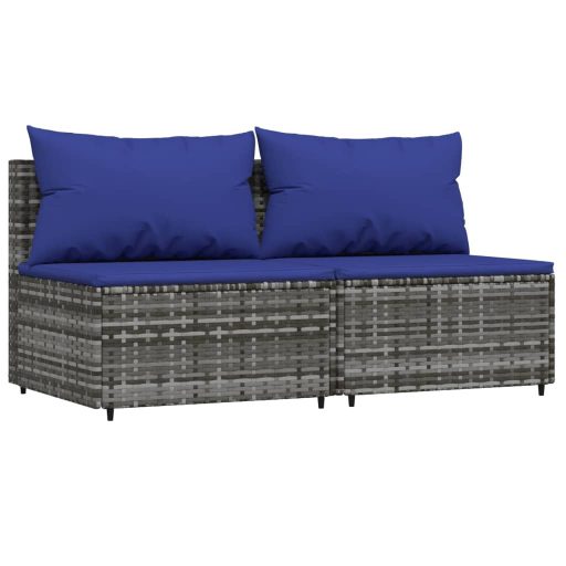 2 db szürke polyrattan kerti középső kanapé párnákkal