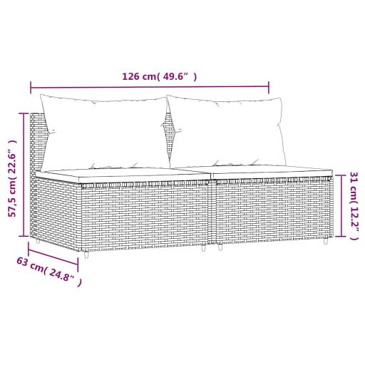 2 db szürke polyrattan kerti középső kanapé párnákkal