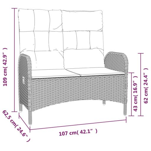 Fekete polyrattan dönthető kerti pad párnákkal 107 cm