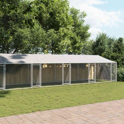Szürke horganyzott acél kutyaketrec tetővel és ajtókkal 12x2x2m