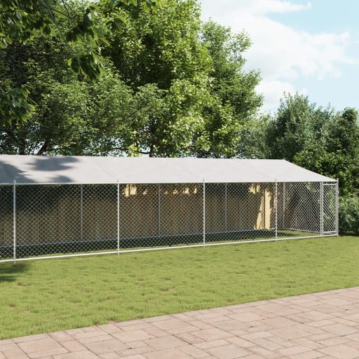 Szürke horganyzott acél kutyaketrec tetővel és ajtóval 12x2x2 m
