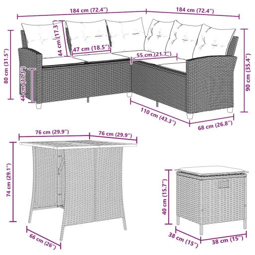 6 részes szürke polyrattan kerti ülőgarnitúra párnákkal L-alakú
