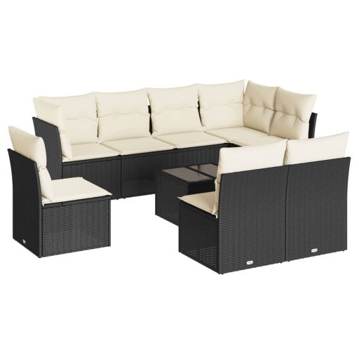 9 részes fekete polyrattan kerti ülőgarnitúra párnákkal