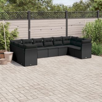   10 részes fekete polyrattan kerti ülőgarnitúra párnákkal