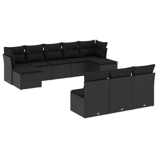 10 részes fekete polyrattan kerti ülőgarnitúra párnákkal