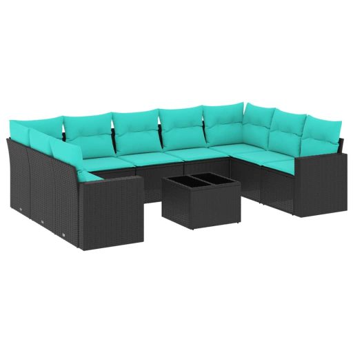 10 részes fekete polyrattan kerti ülőgarnitúra párnával