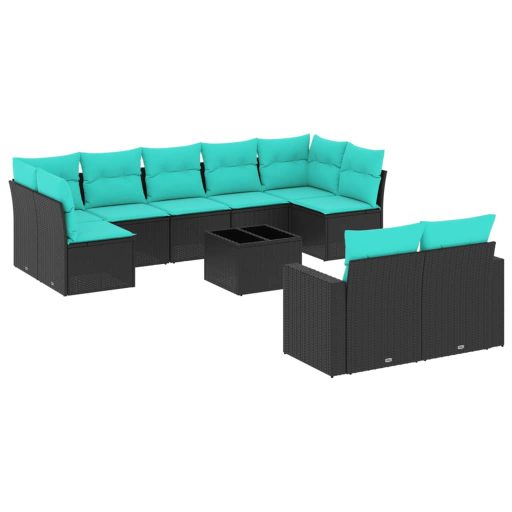 10 részes fekete polyrattan kerti ülőgarnitúra párnával