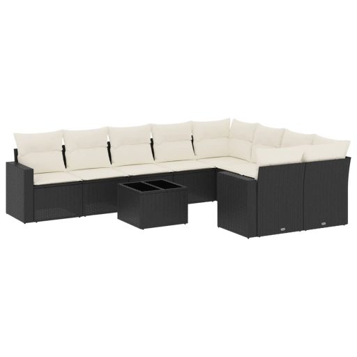 10 részes fekete polyrattan kerti ülőgarnitúra párnákkal
