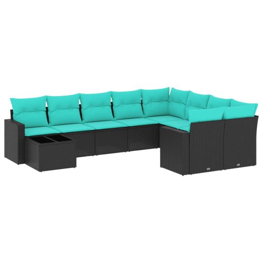 10 részes fekete polyrattan kerti ülőgarnitúra párnával