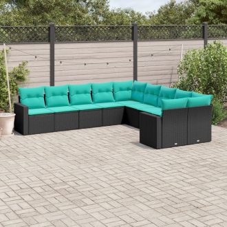   10 részes fekete polyrattan kerti ülőgarnitúra párnával