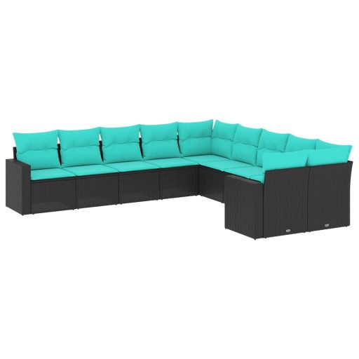 10 részes fekete polyrattan kerti ülőgarnitúra párnával