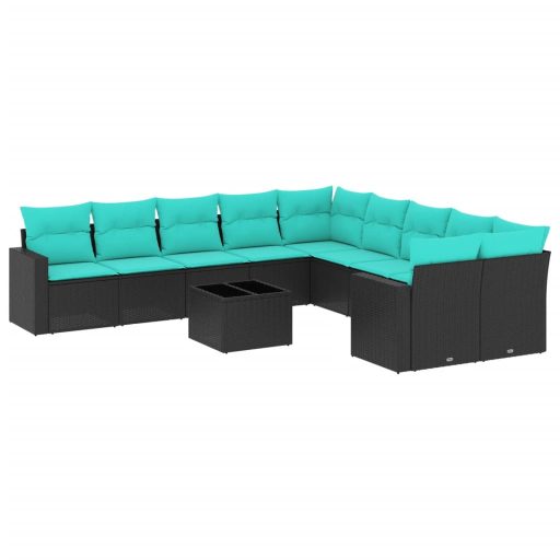 11 részes fekete polyrattan kerti ülőgarnitúra párnákkal
