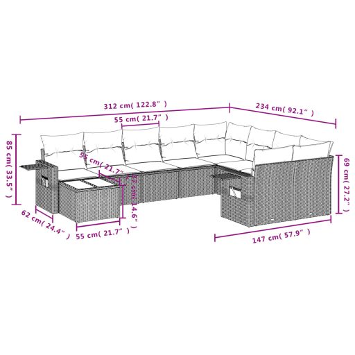 10 részes barna polyrattan kerti ülőgarnitúra párnákkal