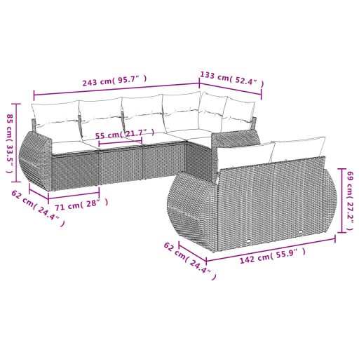 7 részes barna polyrattan kerti ülőgarnitúra párnákkal
