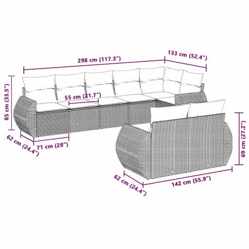 8 részes világosszürke polyrattan kerti ülőgarnitúra párnával