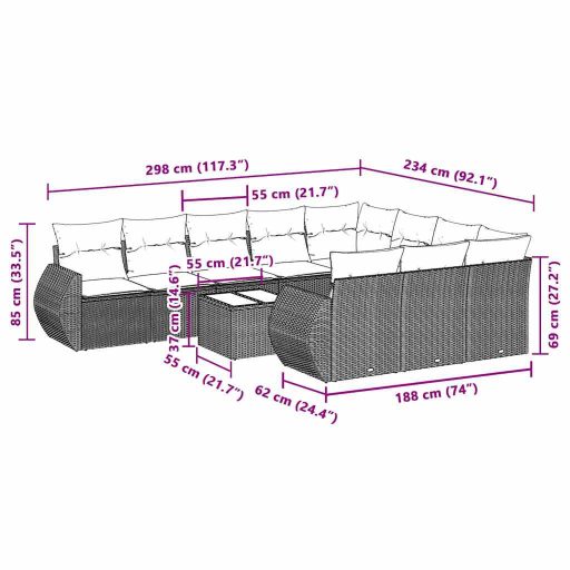 11 részes világosszürke polyrattan kerti ülőgarnitúra párnákkal