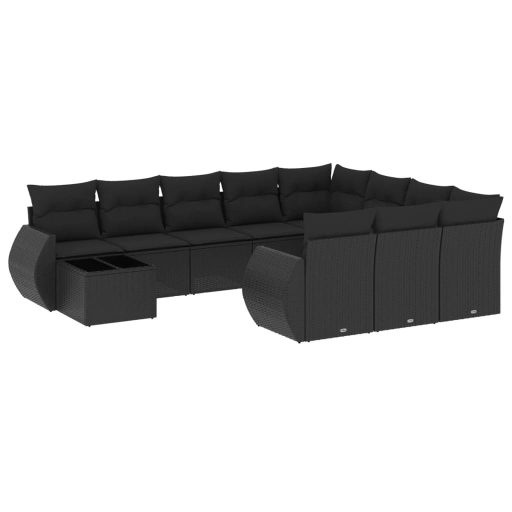 11 részes fekete polyrattan kerti ülőgarnitúra párnákkal