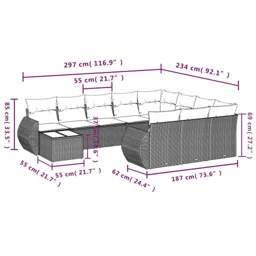 11 részes világosszürke polyrattan kerti ülőgarnitúra párnákkal