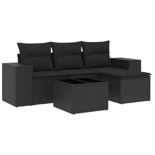 5 részes fekete polyrattan kerti kanapészett párnákkal
