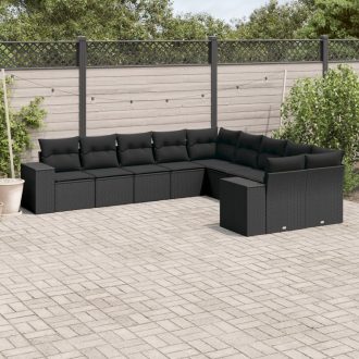   10 részes fekete polyrattan kerti ülőgarnitúra párnákkal