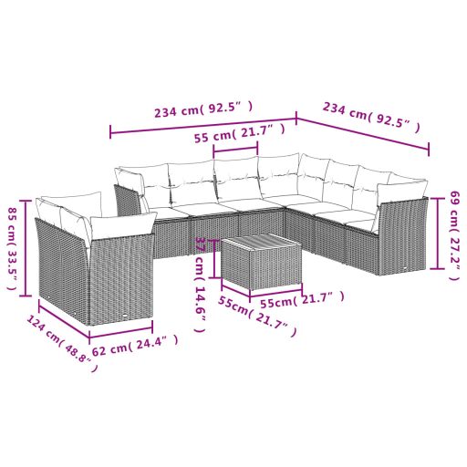 10 részes szürke polyrattan kerti ülőgarnitúra párnákkal