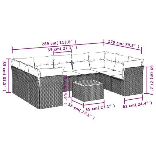 10 részes bézs polyrattan kerti ülőgarnitúra párnával