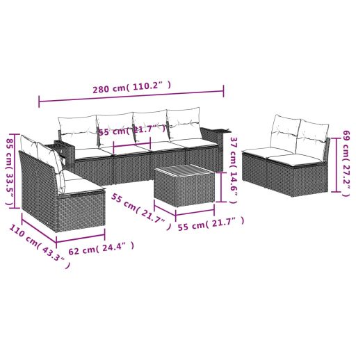 9 részes szürke polyrattan kerti ülőgarnitúra párnákkal