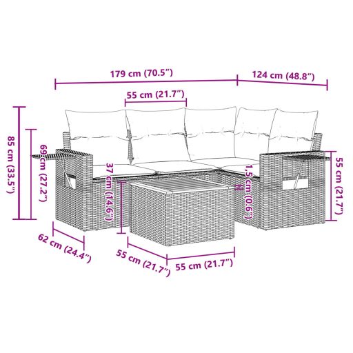5 részes fekete polyrattan kerti kanapészett párnákkal