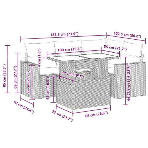 5 részes fekete polyrattan kerti kanapészett párnákkal