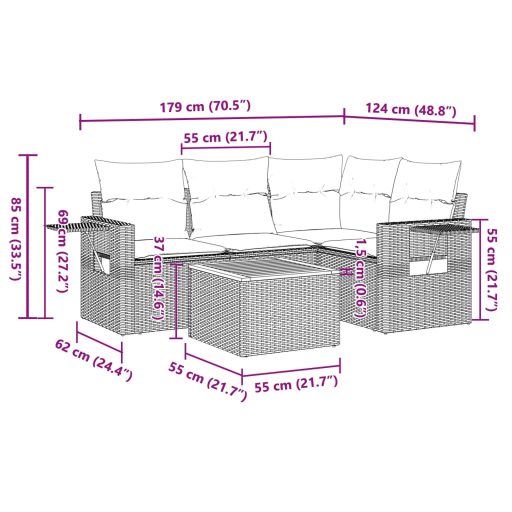 5 részes szürke polyrattan kerti ülőgarnitúra párnákkal