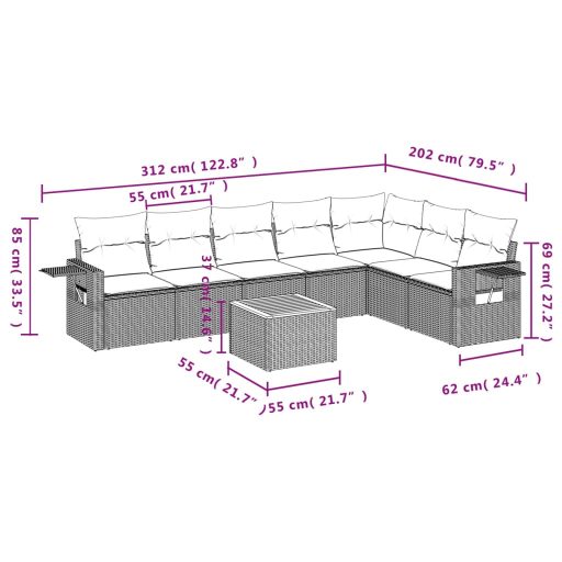 8 részes fekete polyrattan kerti ülőgarnitúra párnákkal