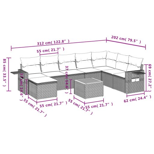 9 részes szürke polyrattan kerti ülőgarnitúra párnákkal