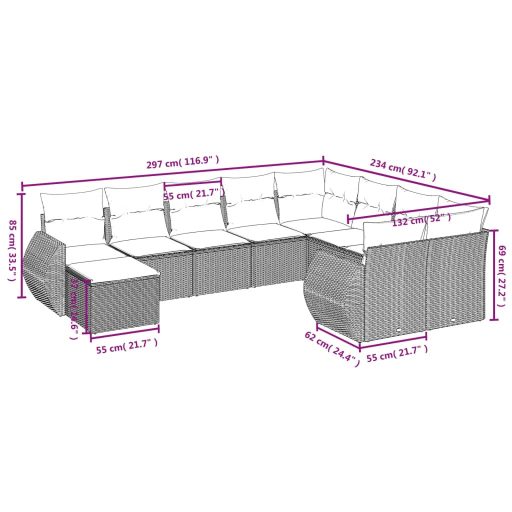10 részes fekete polyrattan kerti ülőgarnitúra párnákkal