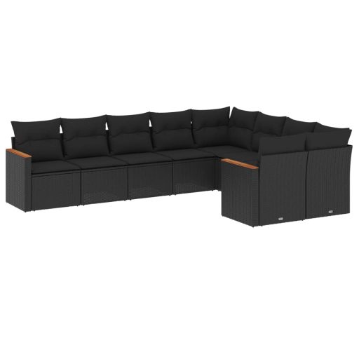 9 részes fekete polyrattan kerti ülőgarnitúra párnákkal