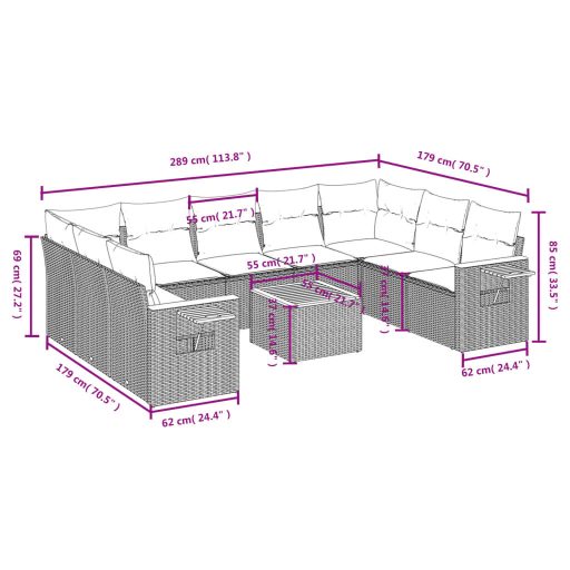 10 részes szürke polyrattan kerti ülőgarnitúra párnákkal