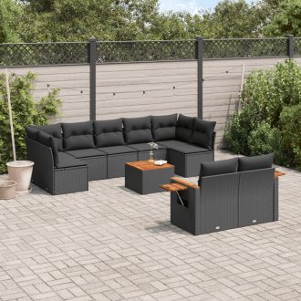   10 részes fekete polyrattan kerti ülőgarnitúra párnákkal