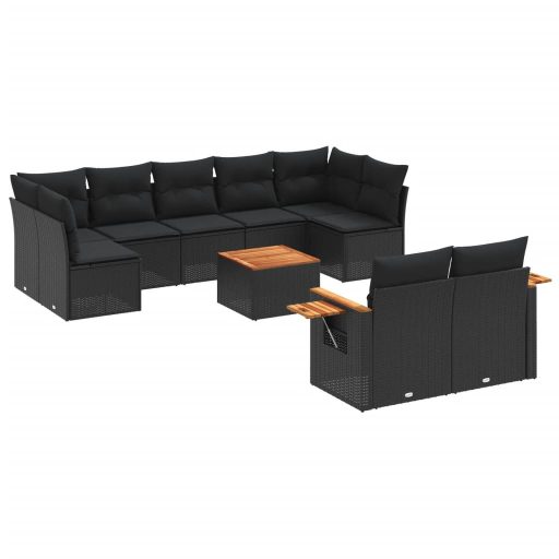10 részes fekete polyrattan kerti ülőgarnitúra párnákkal