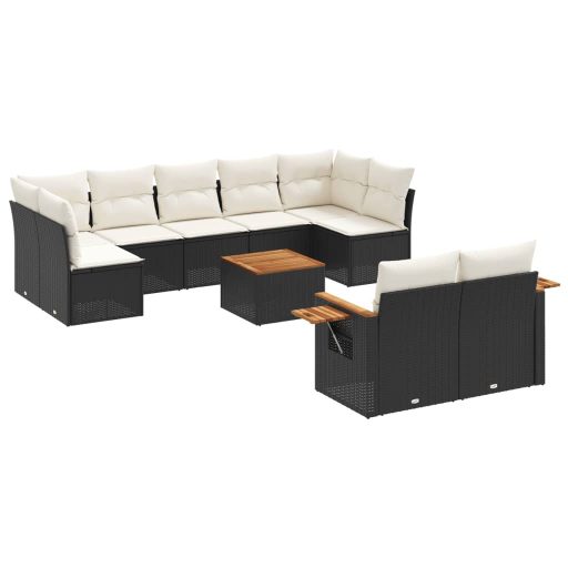 10 részes fekete polyrattan kerti ülőgarnitúra párnákkal