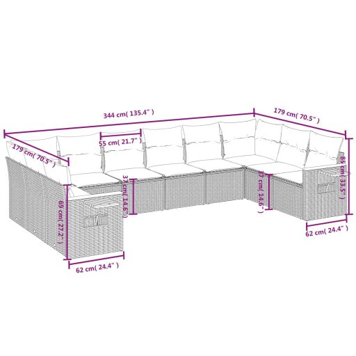 10 részes szürke polyrattan kerti ülőgarnitúra párnákkal