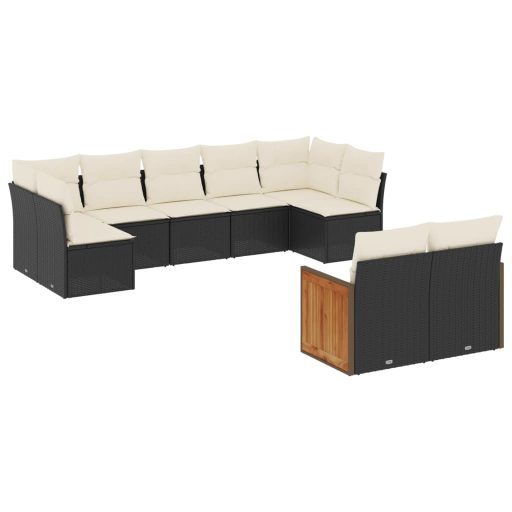 9 részes fekete polyrattan kerti ülőgarnitúra párnákkal