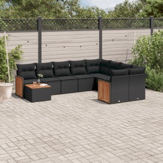   10 részes fekete polyrattan kerti ülőgarnitúra párnákkal