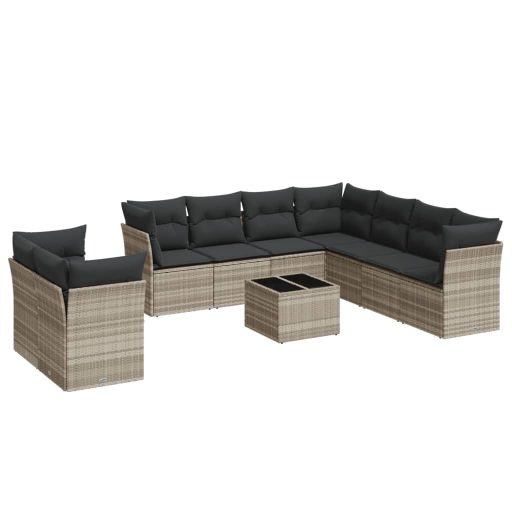 10 részes világosszürke polyrattan kerti ülőgarnitúra párnákkal