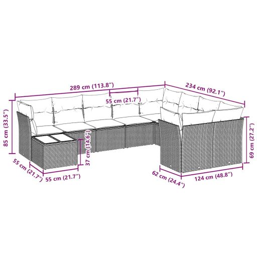 10 részes világosszürke polyrattan kerti ülőgarnitúra párnákkal