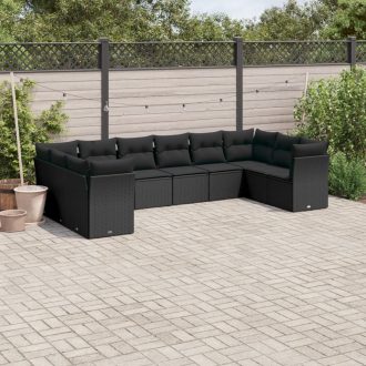   10 részes fekete polyrattan kerti ülőgarnitúra párnákkal