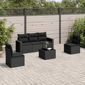   6 részes fekete polyrattan kerti ülőgarnitúra párnákkal