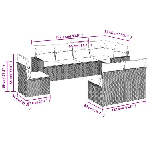 8 részes bézs polyrattan kerti ülőgarnitúra párnával