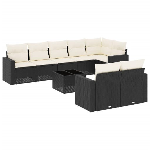 9 részes fekete polyrattan kerti ülőgarnitúra párnákkal