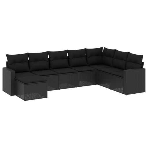 8 részes fekete polyrattan kerti ülőgarnitúra párnákkal