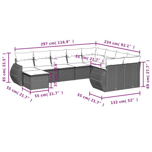 10 részes szürke polyrattan kerti ülőgarnitúra párnákkal
